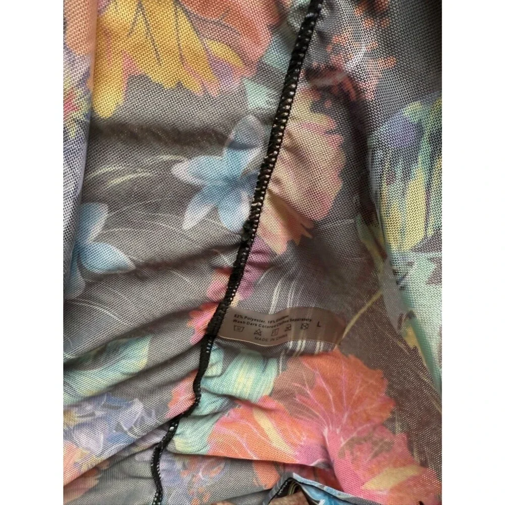 Tropical Floral Sheer Swim Coverup - Black with Multicolor Hibiscus